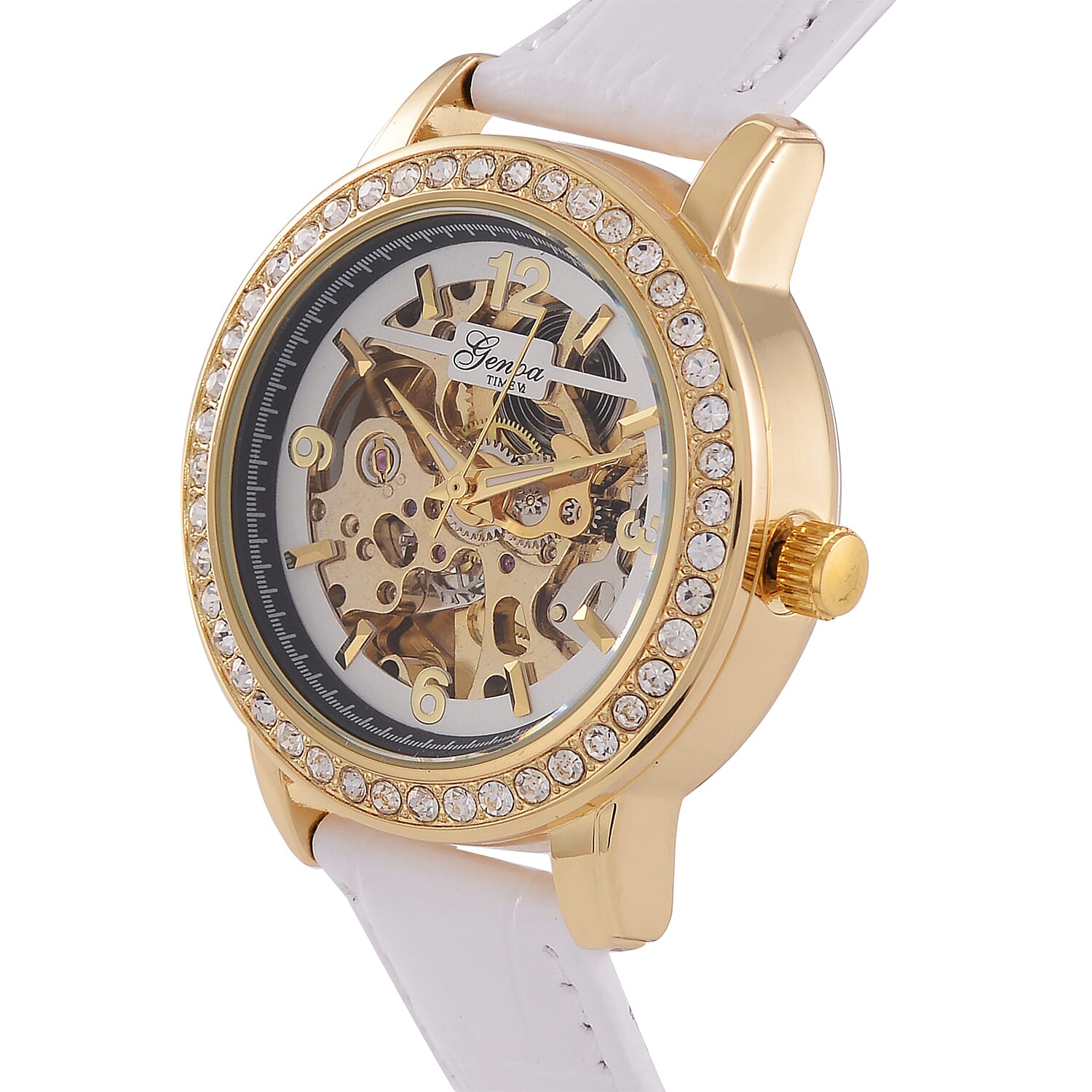 Designer Inspired - GENOA TIME V2-Automatic movement with White crystal & Leather strap- White