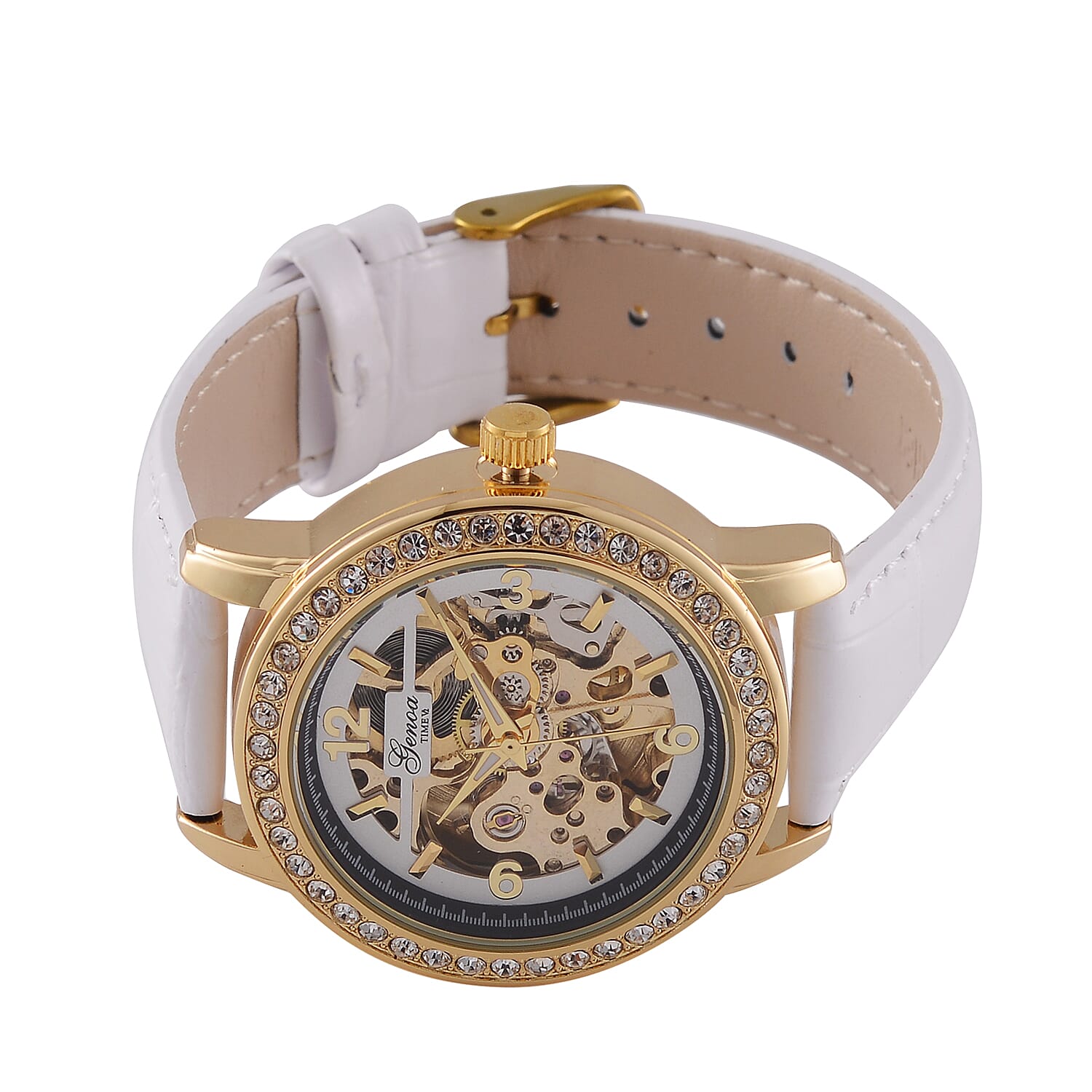 Designer Inspired - GENOA TIME V2-Automatic Movement with Crystal & Leather strap- White