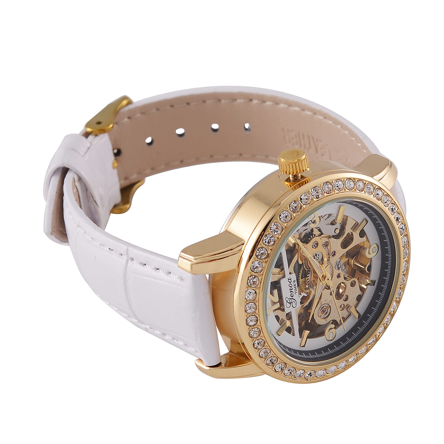 Designer Inspired - GENOA TIME V2-Automatic Movement with Crystal & Leather strap- White
