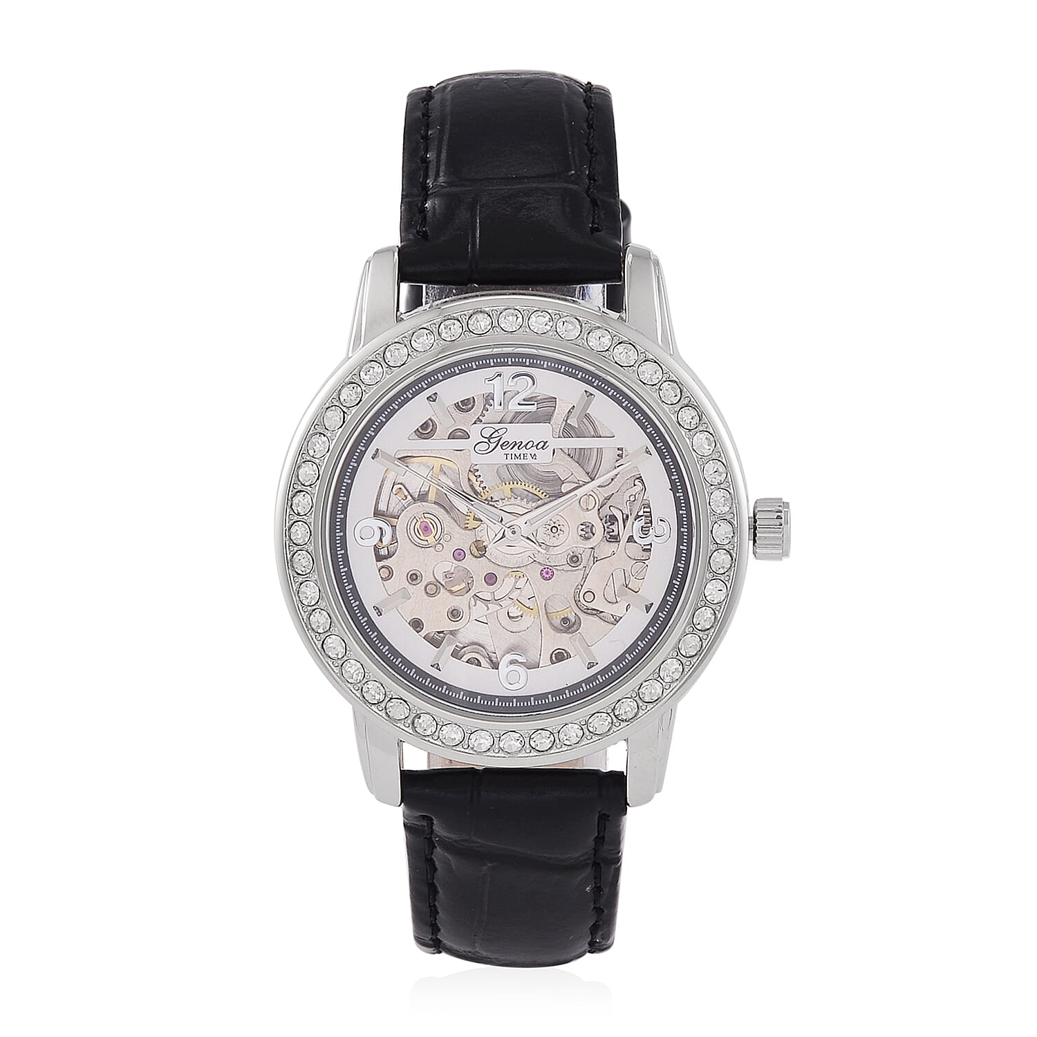 Designer Inspired - GENOA TIME V2-Automatic movement with White crystal & Leather strap- Black