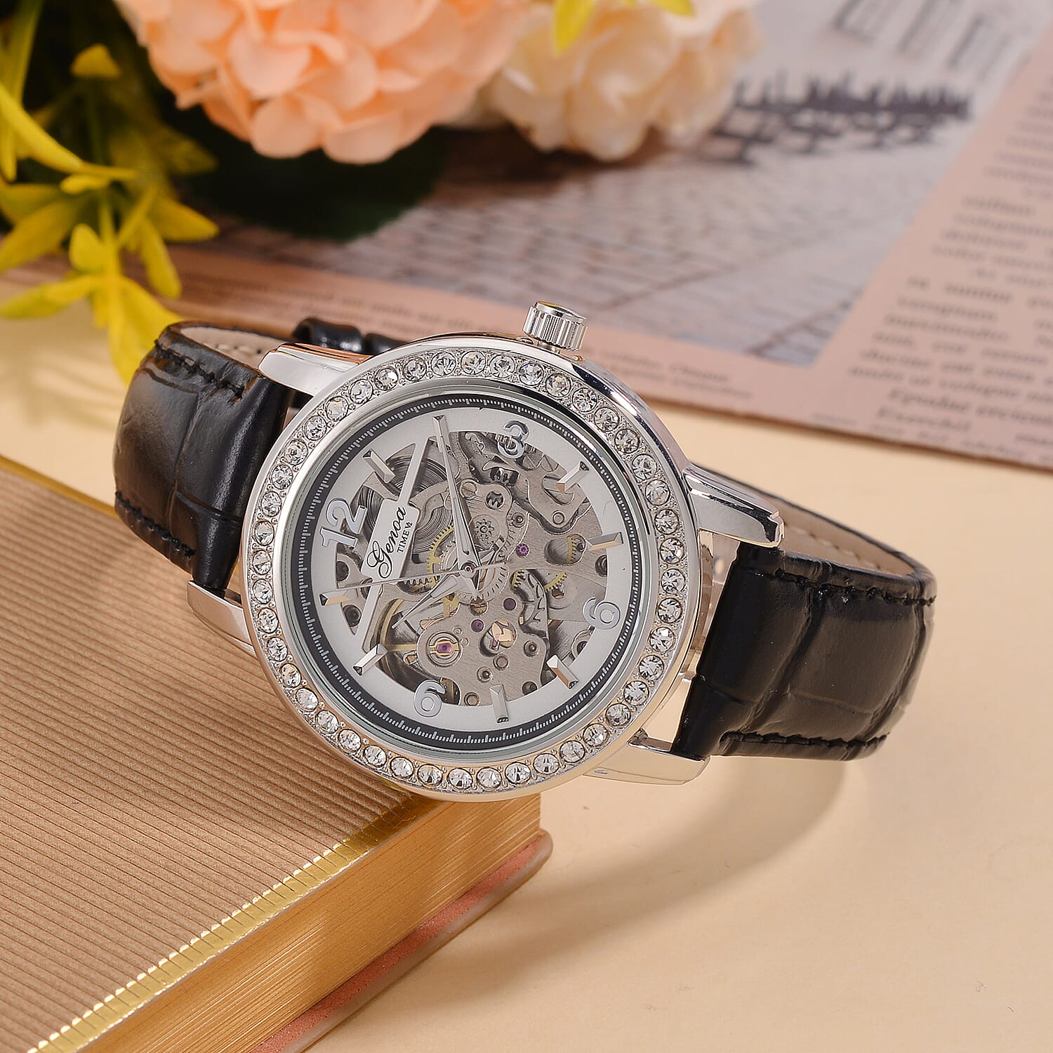 Designer Inspired - GENOA TIME V2-Automatic movement with White crystal & Leather strap- Black