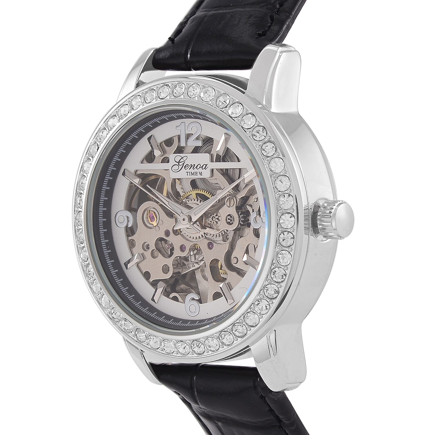 Designer Inspired - GENOA TIME V2-Automatic movement with White crystal & Leather strap- Black