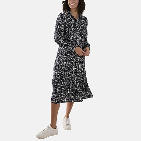 Wild Flower Half Placket Ditsy Floral Midi Dress (Size M) - Navy