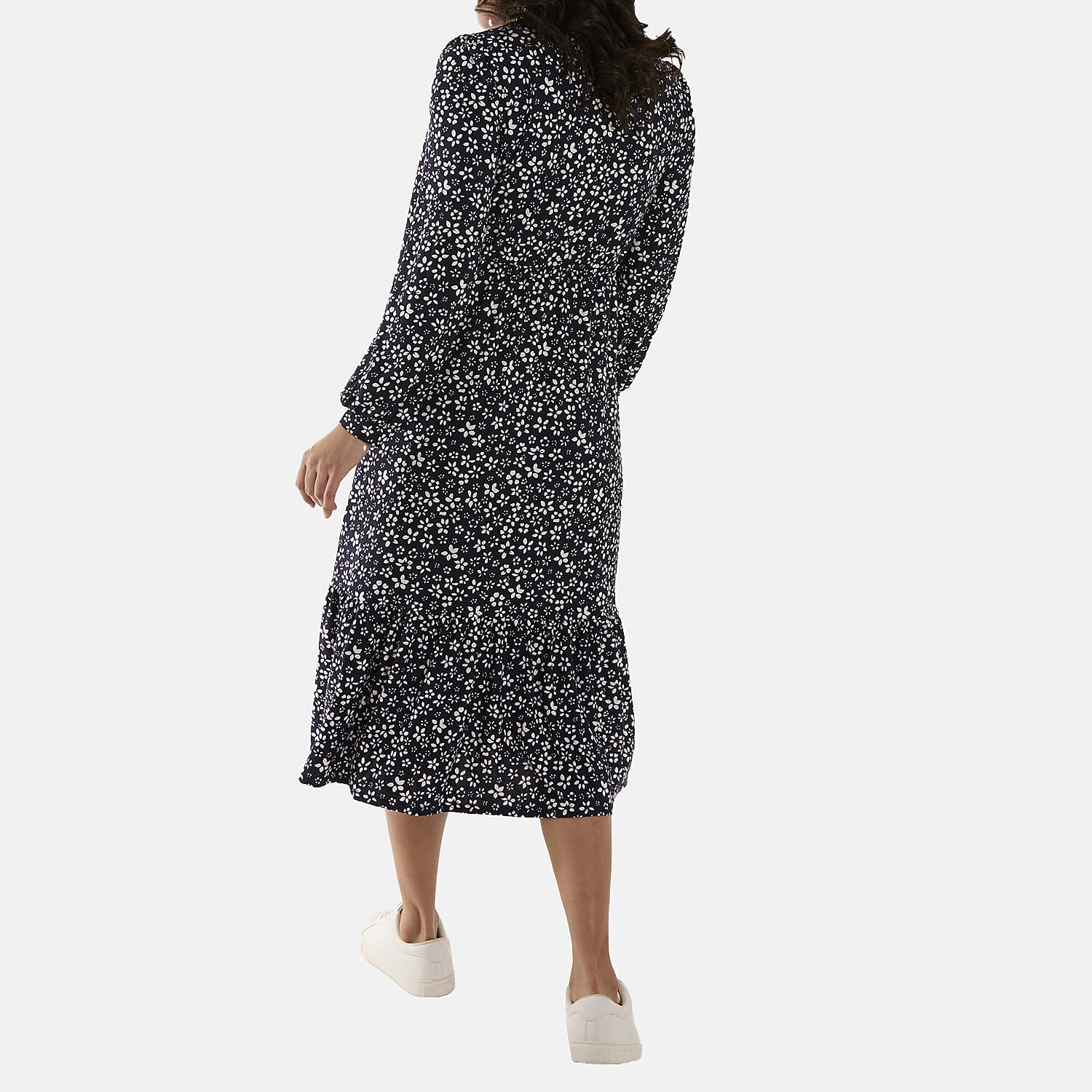 Wild Flower Half Placket Ditsy Floral Midi Dress (Size L) - Navy