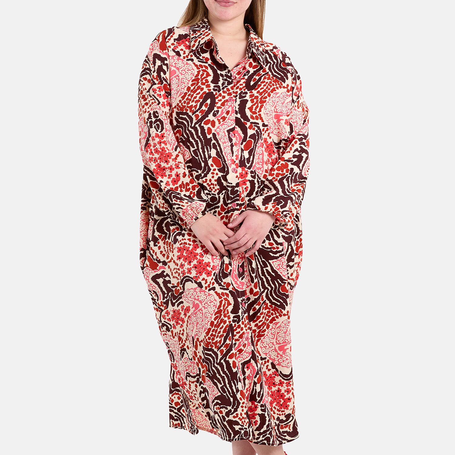 QED London - Floral Print Longline Shirt Dress (One Size) - Red