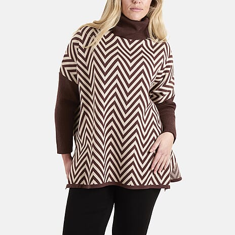 Chilli Charm Zig-Zag Pattern High Neck Jumper (One Size) - Brown
