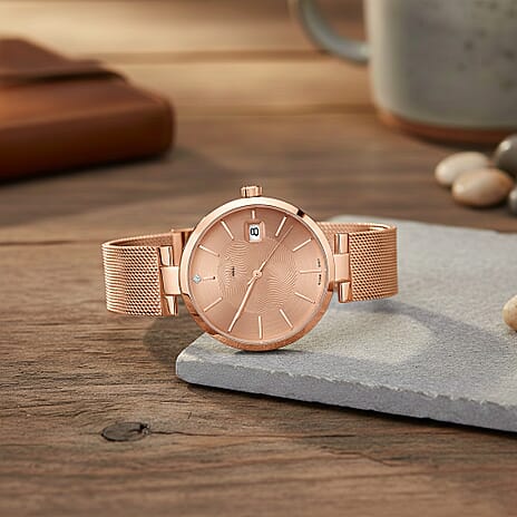 GAMAGES OF LONDON Swiss Movement Pink Dial Quintessential Diamond Studded Water Resistant Watch in Rose Gold Tone