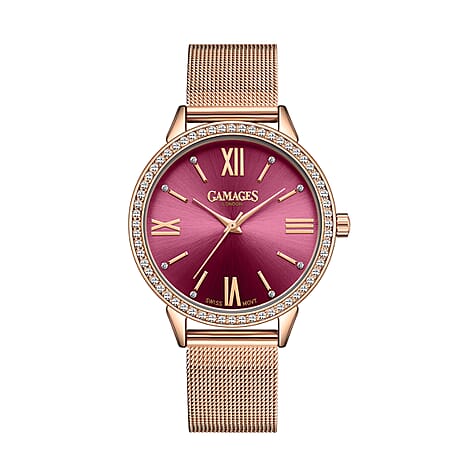 GAMAGES OF LONDON Swiss Movement Midnight Pink Dial Water Resistant Watch in Rose Gold Tone