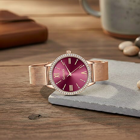 GAMAGES OF LONDON Swiss Movement Midnight Pink Dial Water Resistant Watch in Rose Gold Tone