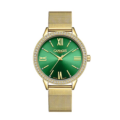 GAMAGES OF LONDON Swiss Movement Midnight Green Dial Water Resistant Watch in Yellow Gold Tone