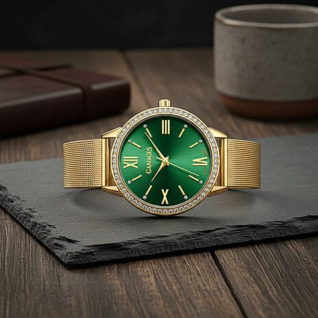 GAMAGES OF LONDON Swiss Movement Midnight Green Dial Water Resistant Watch in Yellow Gold Tone