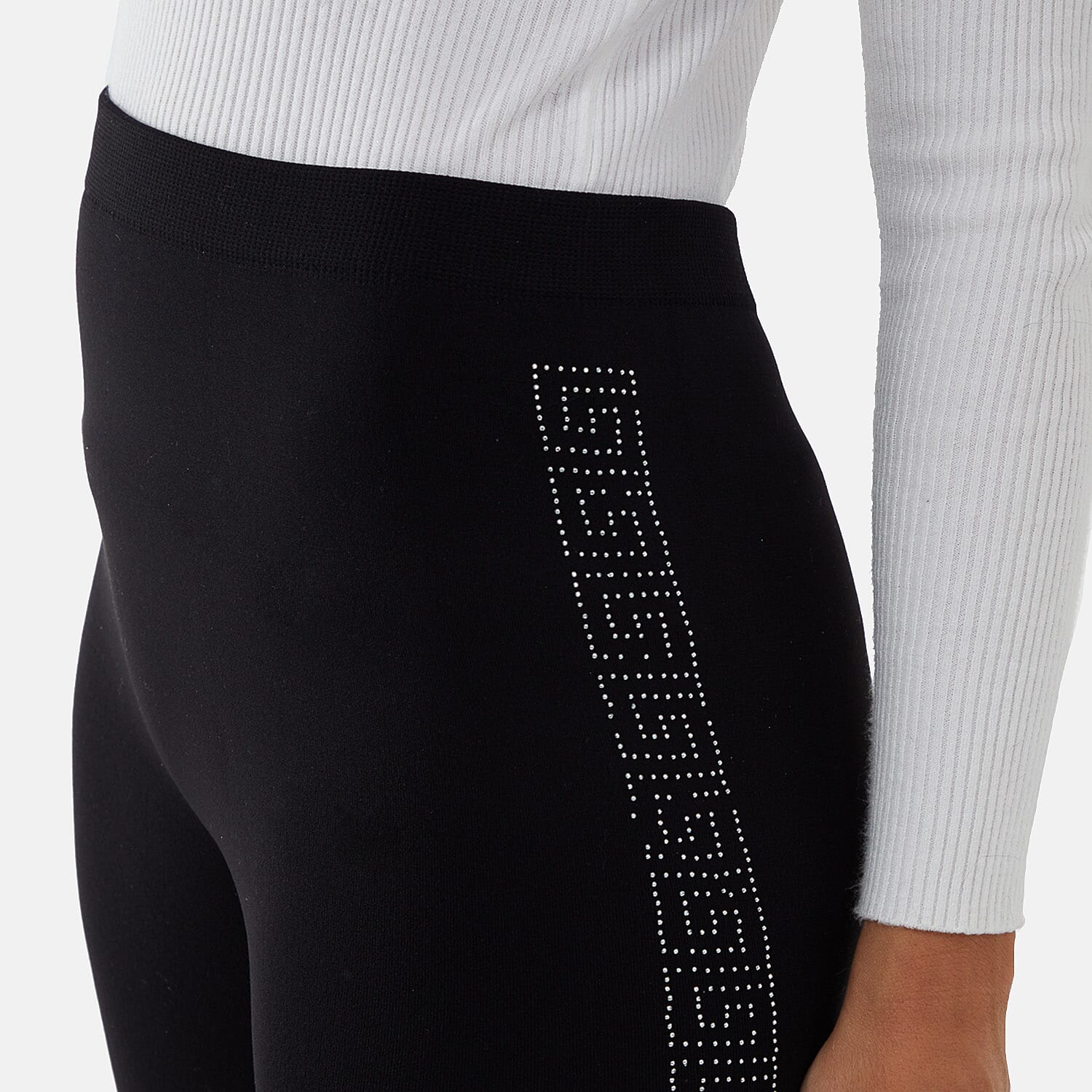 Nova of London Fleece Leggings with Side Geometric Diamante Pattern Legging (Size L, 16-18) - Black