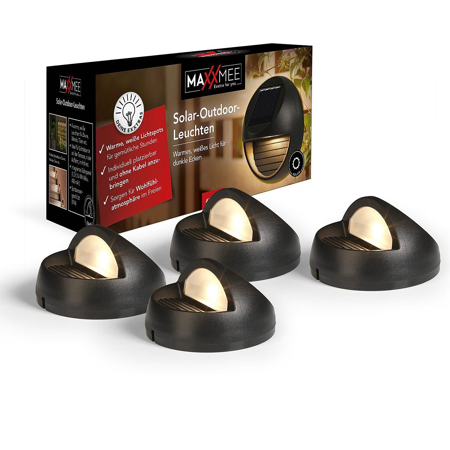 Maxxmee Solar Fence Lights Solar Lamp Set of 4  Round - Black