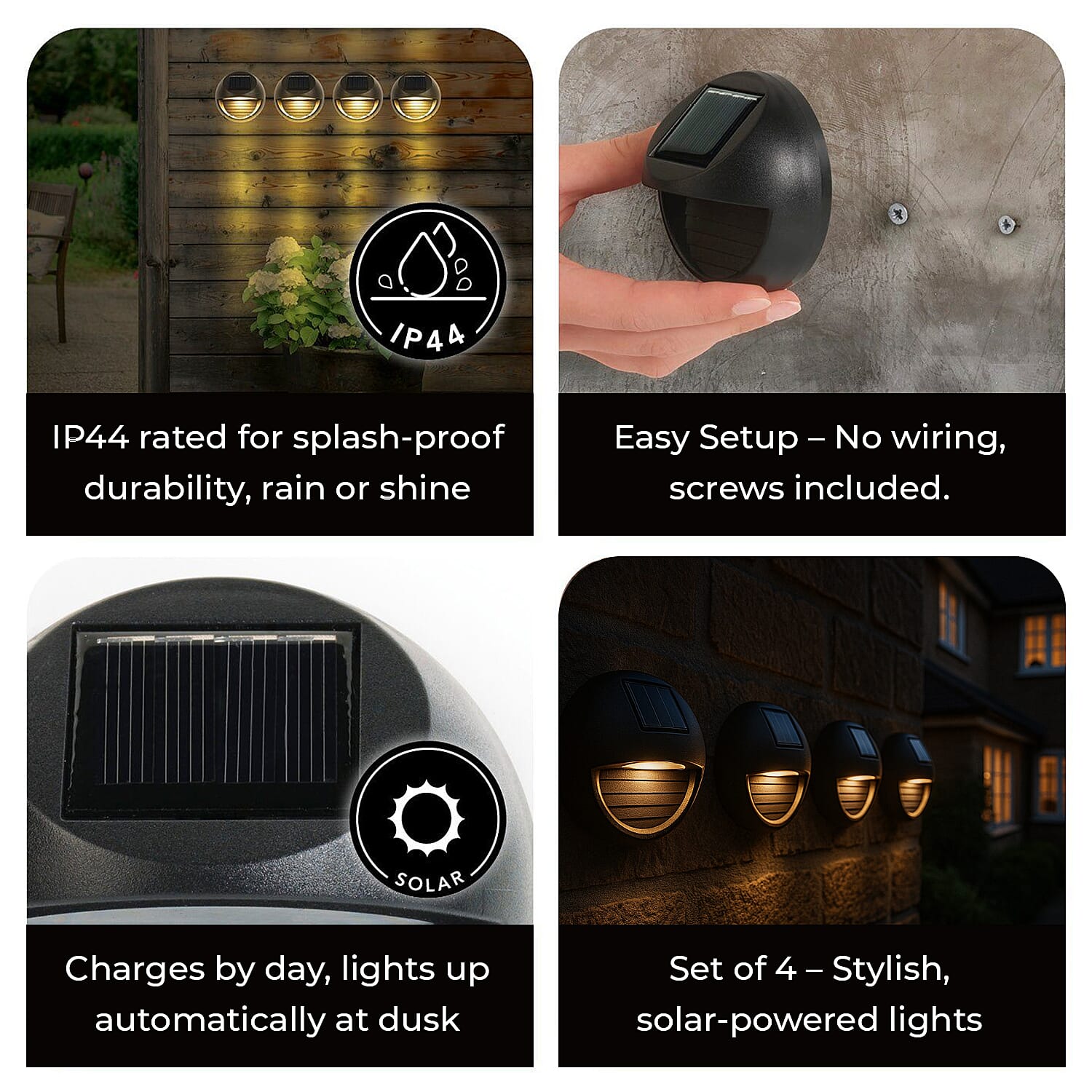 Maxxmee Solar Fence Lights Solar Lamp Set of 4  Round - Black