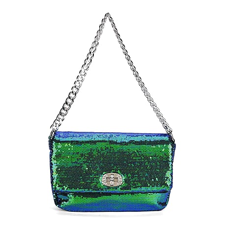 Leatherette Sequin Crossbody Bag with 2 Metal Chain - Green