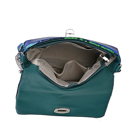 Leatherette Sequin Crossbody Bag with 2 Metal Chain - Green
