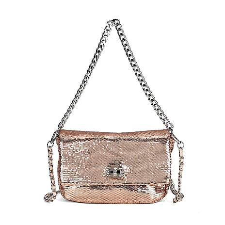 Leatherette Sequin Crossbody Bag with 2 Metal Chain- Champagne