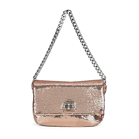 Leatherette Sequin Crossbody Bag with 2 Metal Chain- Champagne