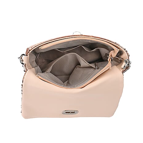 Leatherette Sequin Crossbody Bag with 2 Metal Chain- Champagne