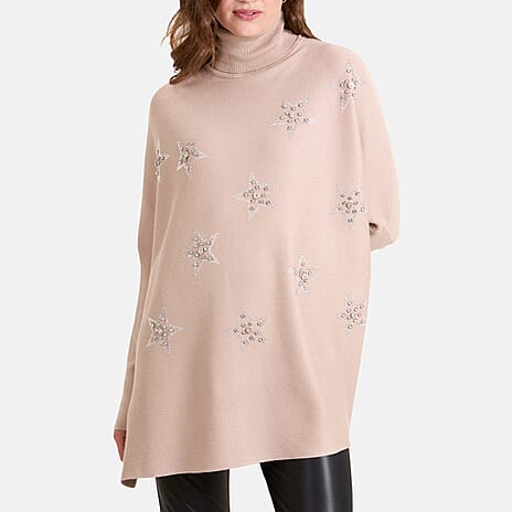 Chilli Charm Diamante Star High Neck Jumper  (One Size) - Beige