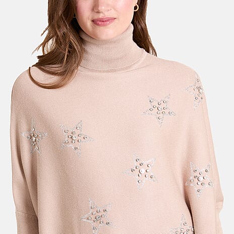 Chilli Charm Diamante Star High Neck Jumper  (One Size) - Beige