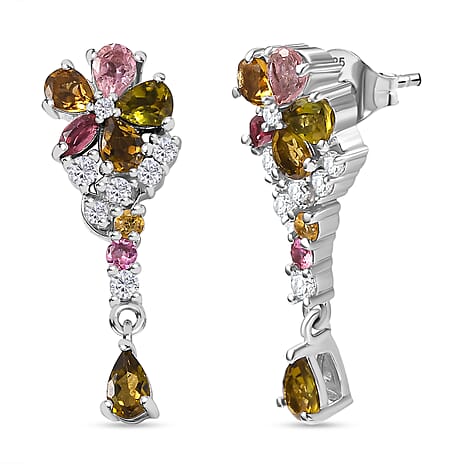 Multi-Tourmaline , White Zircon Dangling Earring With Push Back in Rhodium Sterling Silver 2.082 Ct.