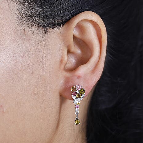 Multi-Tourmaline , White Zircon Dangling Earring With Push Back in Rhodium Sterling Silver 2.082 Ct.