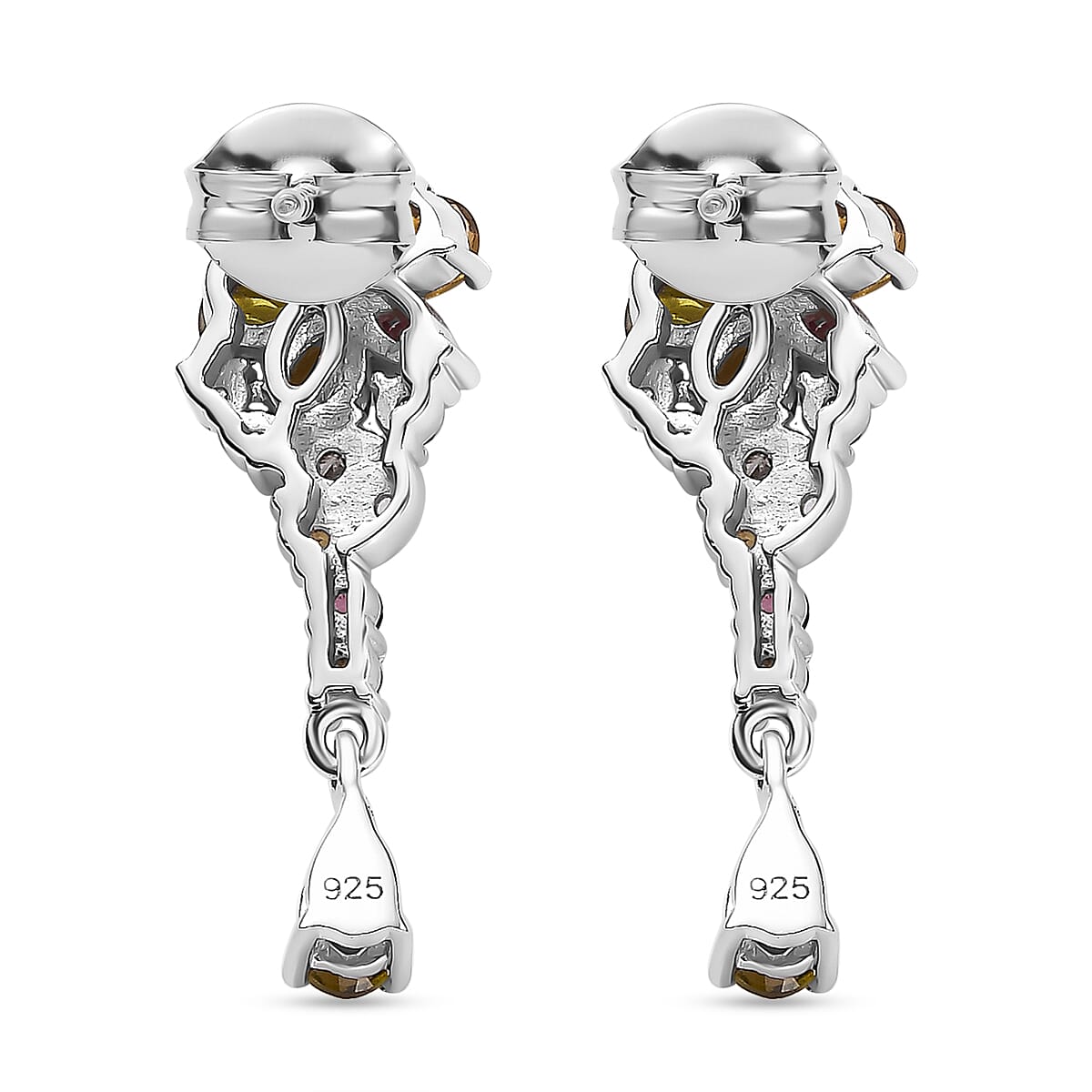 Multi-Tourmaline & White Zircon Dangling Earring With Push Back in Rhodium Overlay Sterling Silver 2.08 Ct. Multi-Tourmaline & White Zircon Dangling Earring With Push Back in Rhodium Overlay Sterling Silver 2.08 Ct.