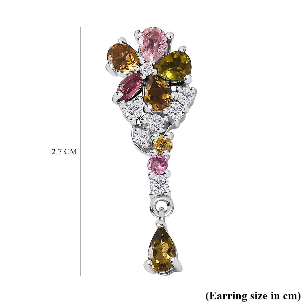 Multi-Tourmaline & White Zircon Dangling Earring With Push Back in Rhodium Overlay Sterling Silver 2.08 Ct. Multi-Tourmaline & White Zircon Dangling Earring With Push Back in Rhodium Overlay Sterling Silver 2.08 Ct.
