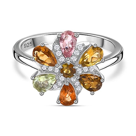 Multi-Tourmaline, White Zircon Floral Ring in Rhodium Plated Sterling Silver 1.73 ct.