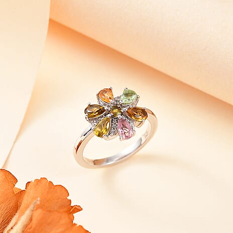 Multi-Tourmaline, White Zircon Main Stone With Side Stone Ring in Rhodium Sterling Silver 1.340 Ct.