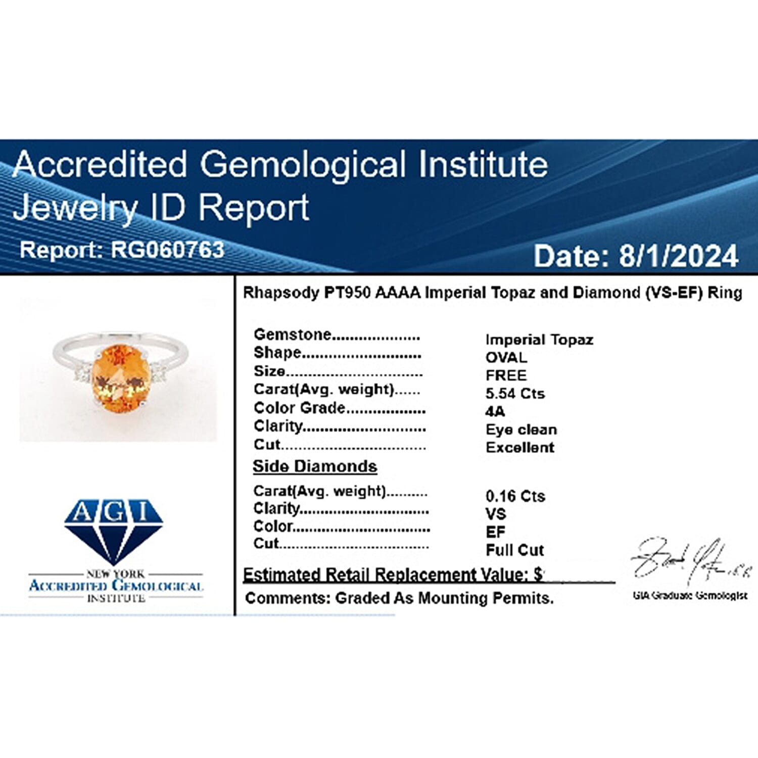 950 Platinum  AAAA  Imperial Topaz   White Diamond  VS Ring 5.70 ct,  Platinum Wt. 6.23 Gms  5.700  Ct.