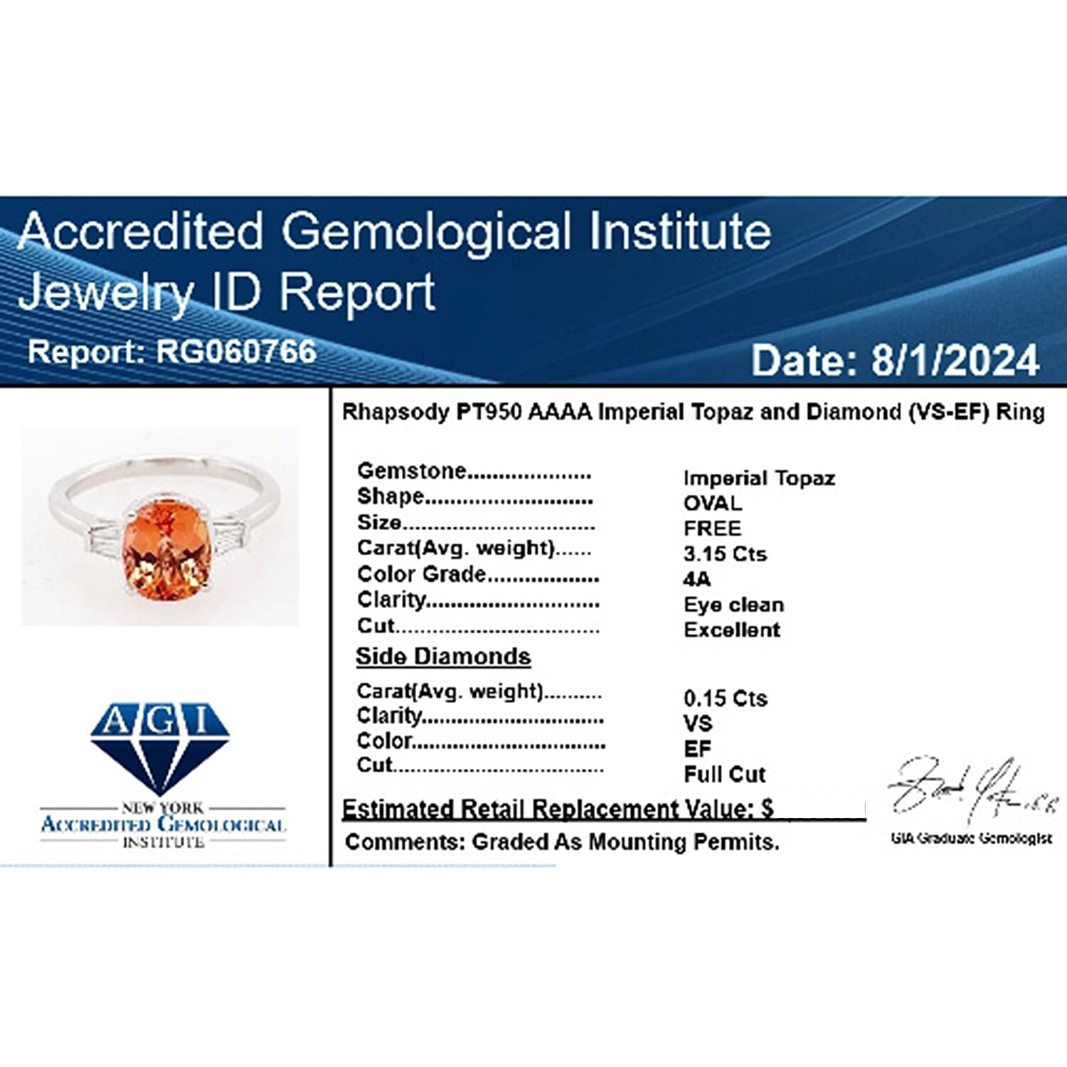 950 Platinum  AAAA  Imperial Topaz   White Diamond  VS Ring 3.30 ct,  Platinum Wt. 5.21 Gms  3.300  Ct.