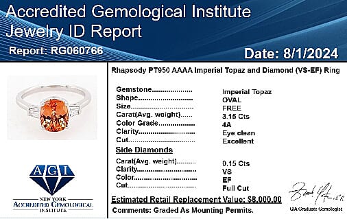 950 Platinum  AAAA  Imperial Topaz   White Diamond  VS Ring 3.30 ct,  Platinum Wt. 5.21 Gms  3.300  Ct.