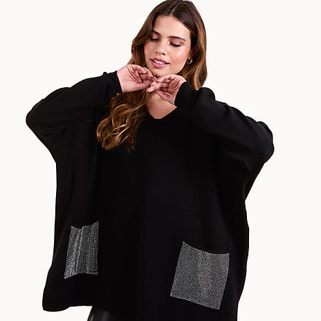 Chilli - Charm V-Neck Embellished Jumper with pockets (One Size) - Black