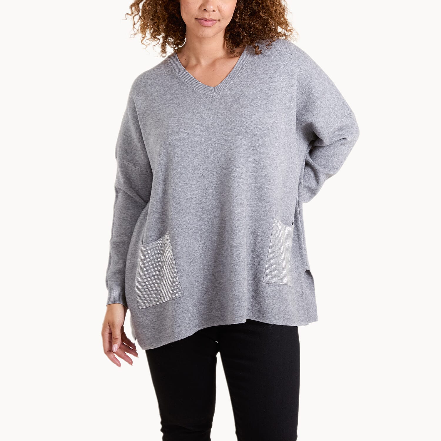 Chilli- Charm V-Neck Embellished Jumper with pockets (One Size) - Grey Melagne