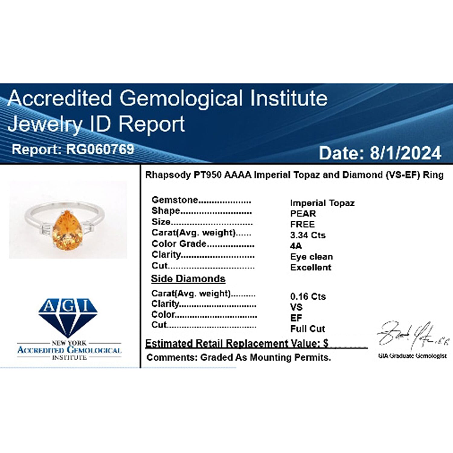 950 Platinum  AAAA  Imperial Topaz   White Diamond  VS Ring 3.50 ct,  Platinum Wt. 5.84 Gms  3.500  Ct.