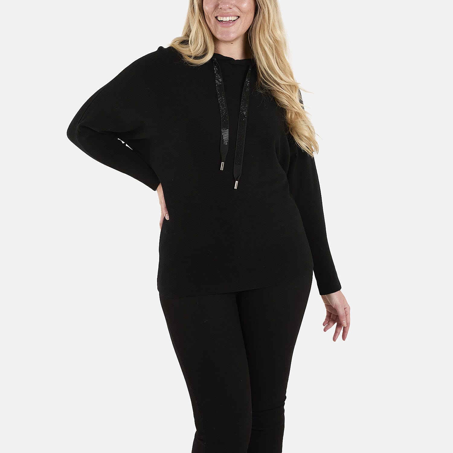 QED London Diamante Drawstring Hoodie (Size M-L) - Black