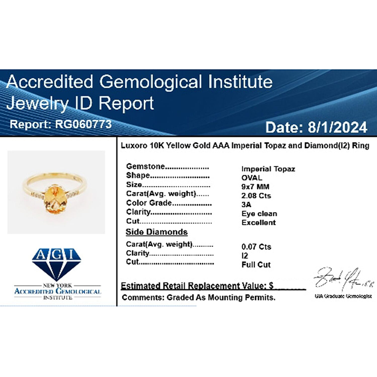 10K Yellow Gold  AAA   Imperial Topaz ,  White Diamond  I2 Ring 2.15 ct,  Gold Wt. 2.95 Gms  2.150  Ct.