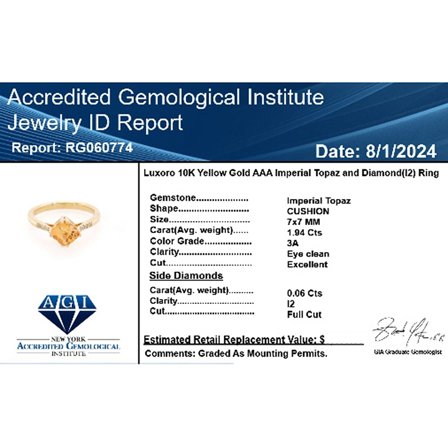 10K Yellow Gold  AAA   Imperial Topaz ,  White Diamond  I2 Ring 2.00 ct,  Gold Wt. 3.38 Gms  2.000  Ct.