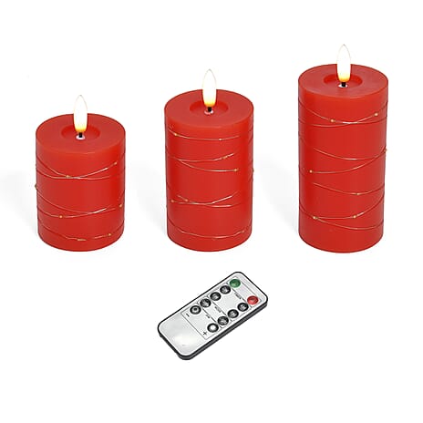 Set of 3 LED Candle with Remote (2AA Battery not inc.) - Red