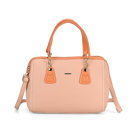 Leatherette Satchel Crossbody Bag with Handle Drop - Pink - Apricot