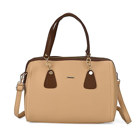 Leatherette Satchel Crossbody Bag with Handle Drop - Beige - Coffee