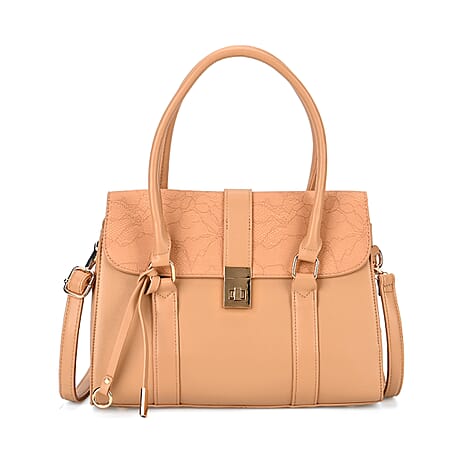 Leatherette Flower Pattern Crossbody Bag with Handle Drop - Apricot