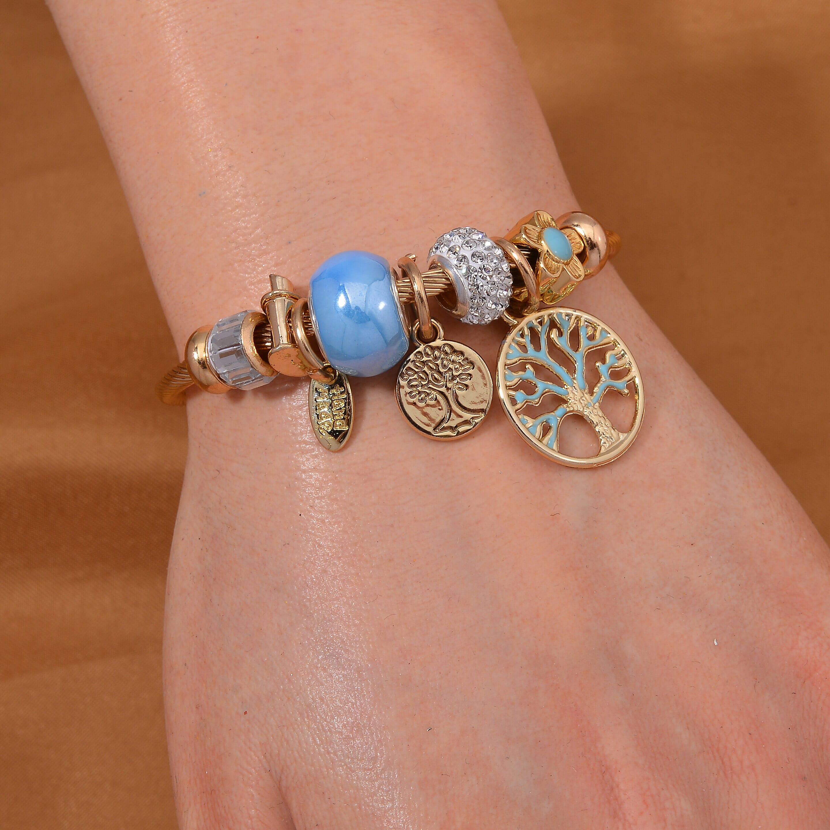 White Colour Ceramic Beads Enamelled Charms Tree Of Life  Adjustable Bangle