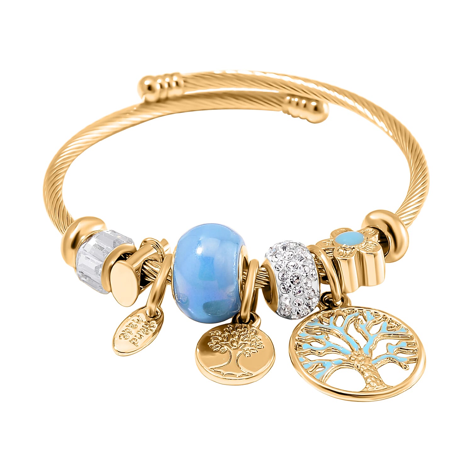 White Colour Ceramic Beads Enamelled Charms Tree Of Life  Adjustable Bangle