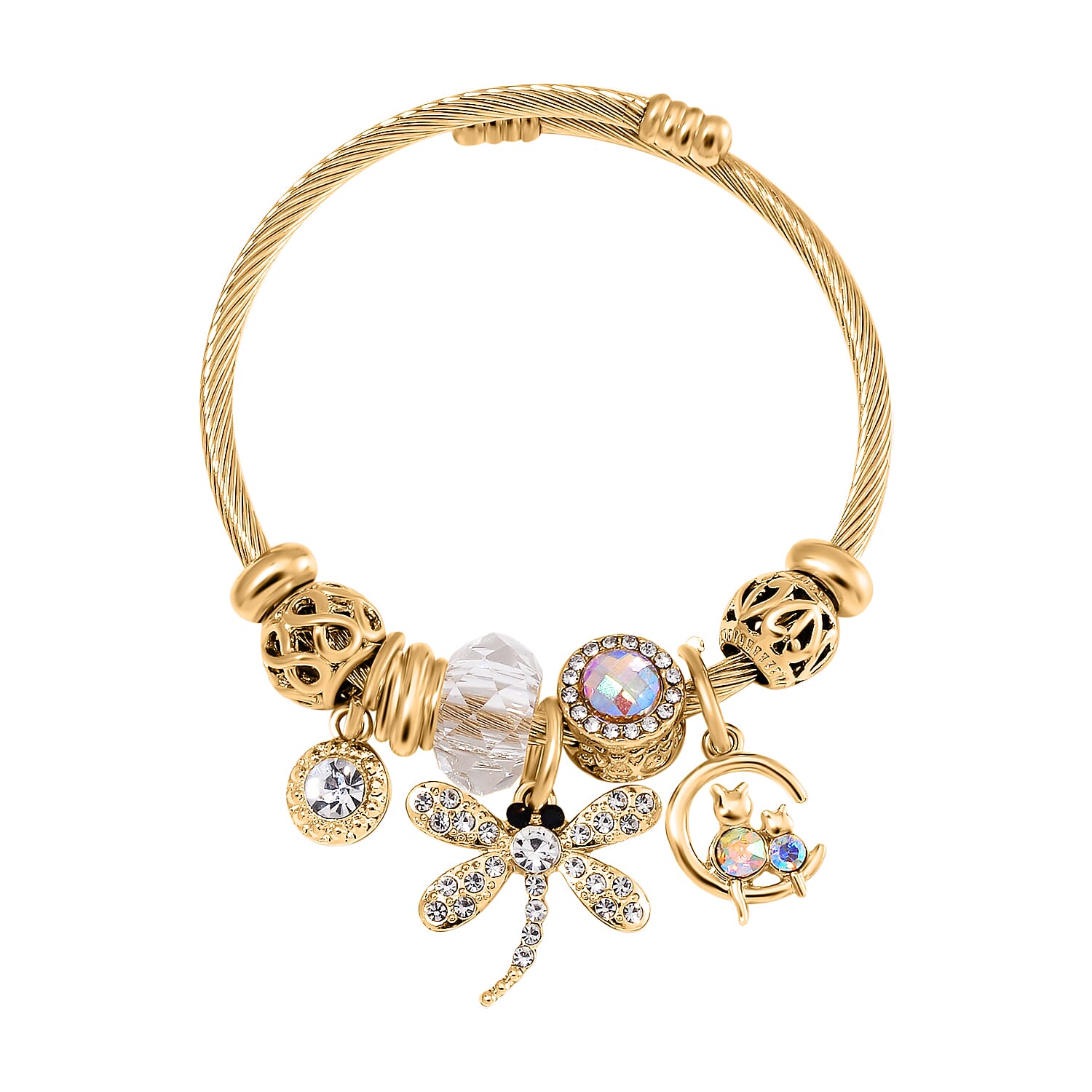 Multi Colour Ceramic Beads Enamelled Charms Dragonfly Adjustable Bracelet in Gold Tone