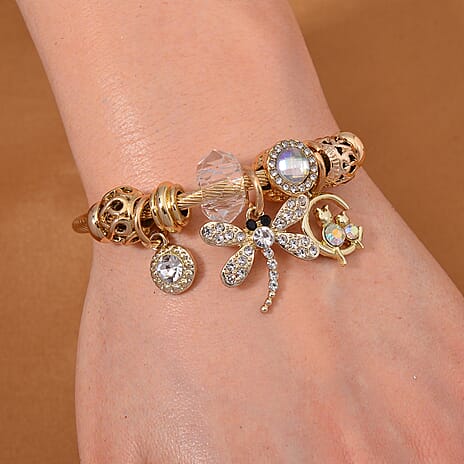 Multi Colour Ceramic Beads Enamelled Charms Dragonfly Adjustable Bracelet in Gold Tone