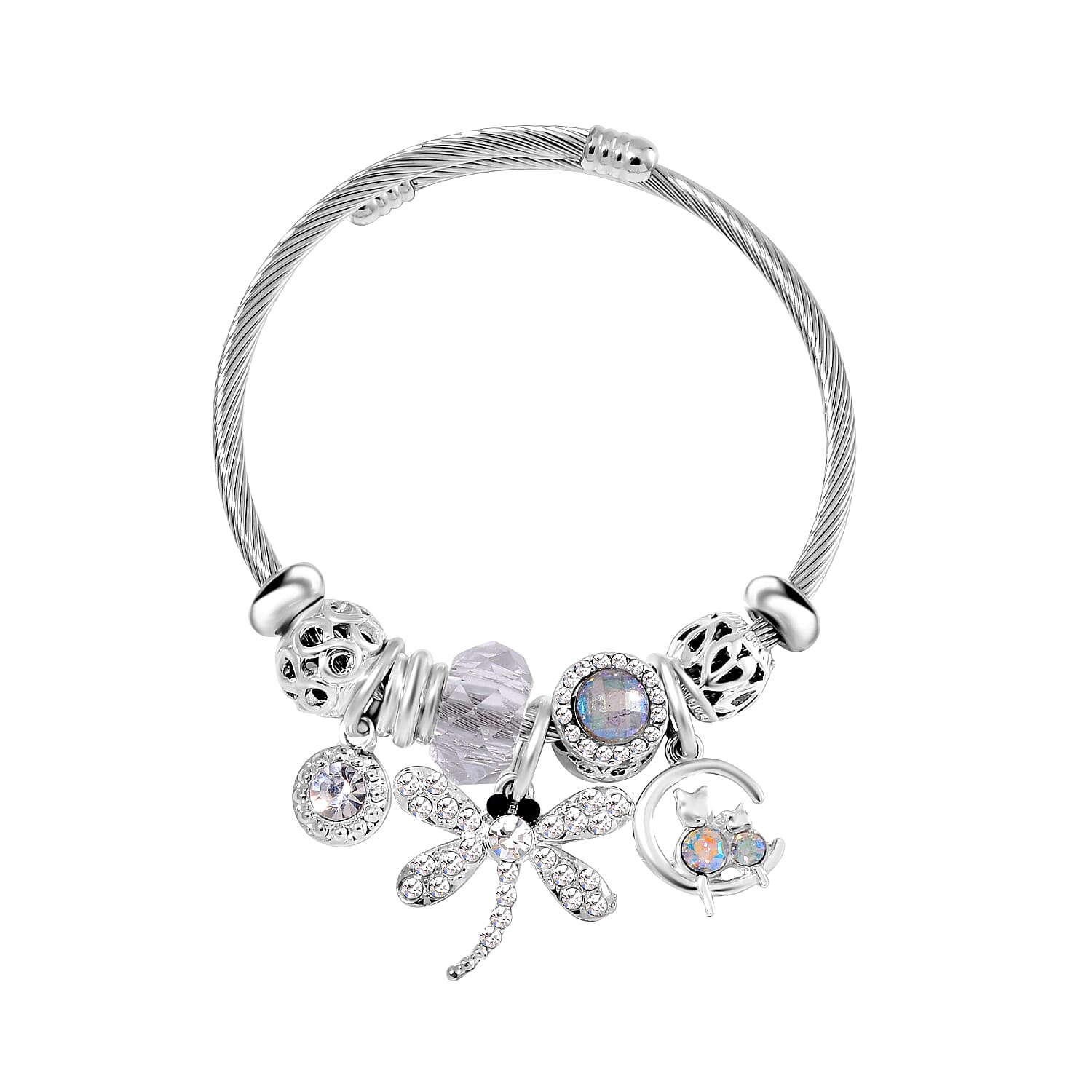 Multi Colour Ceramic Beads Enamelled Charms Dragonfly Adjustable Bracelet in Silver Tone
