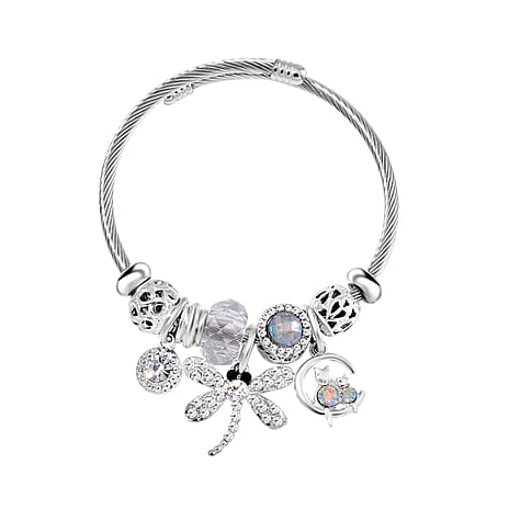 Multi Colour Ceramic Beads Enamelled Charms Dragonfly Adjustable Bracelet in Silver Tone